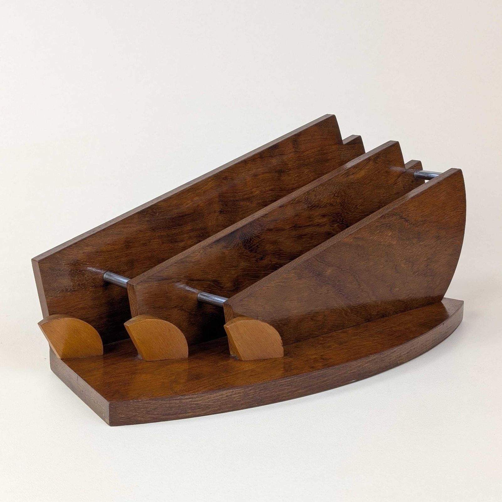 photo vinterior Art Deco Carimantrand Letter Holder, 1930s French Modernist Wooden Desk Organizer, Walnut Geometric Mail Rack