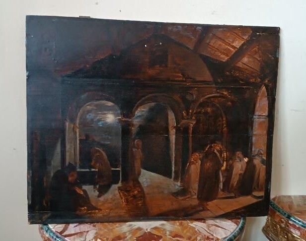 Antique Painting, Large Oil Sketch On Panel, Convent Of The Friars, 19th Century