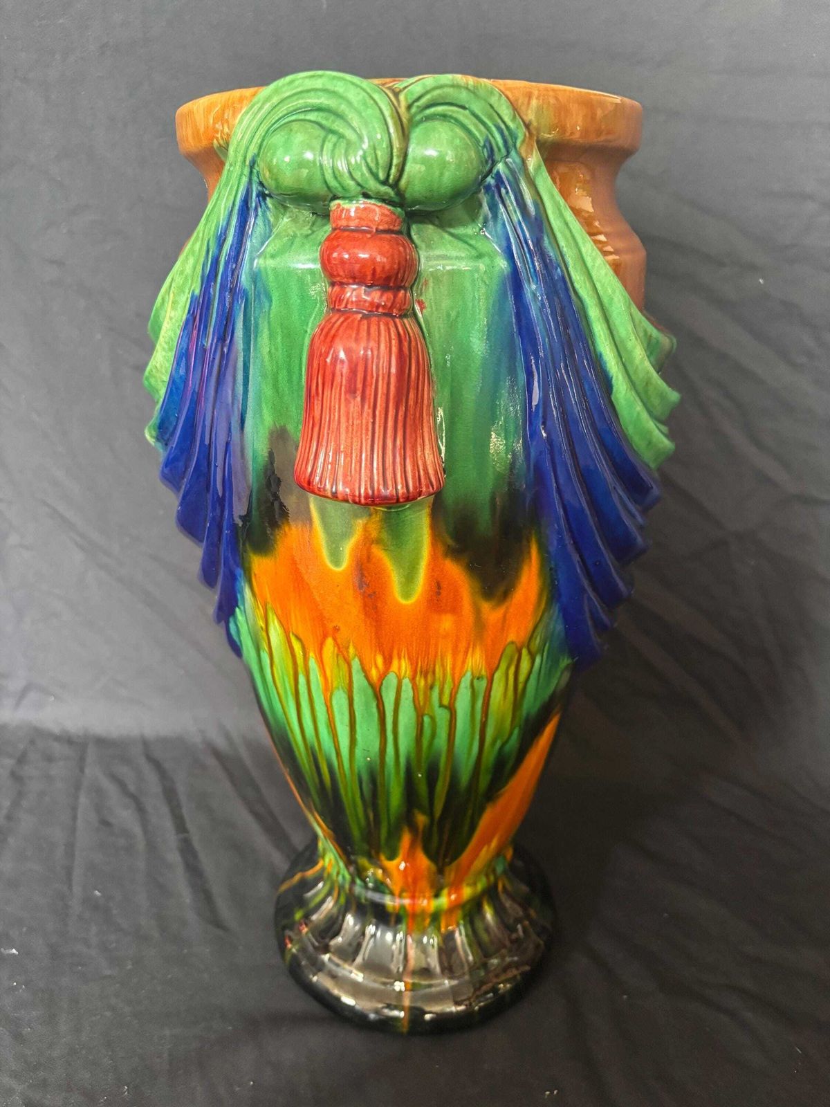 Large Vintage Majolica "Swag & Tassel" Vase Sancai Style Pottery Vase 18" photo furniture