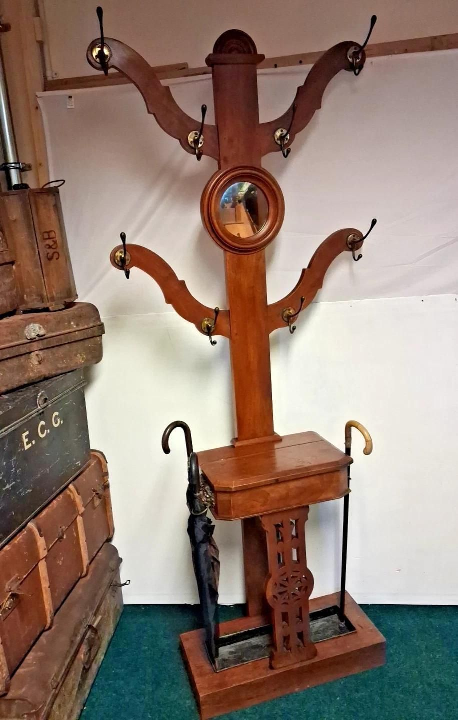 Antique Victorian Mahogany Hat Coat Tree Hall Stand With Original Brass Hooks photo furniture
