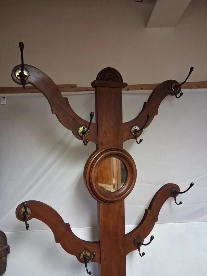 Antique Victorian Mahogany Hat Coat Tree Hall Stand With Original Brass Hooks photo for sale