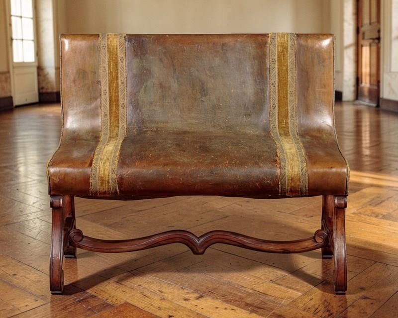 French Belle époque Leather Banquette Sofa Circa 1900, With Velvet Trim photo furniture