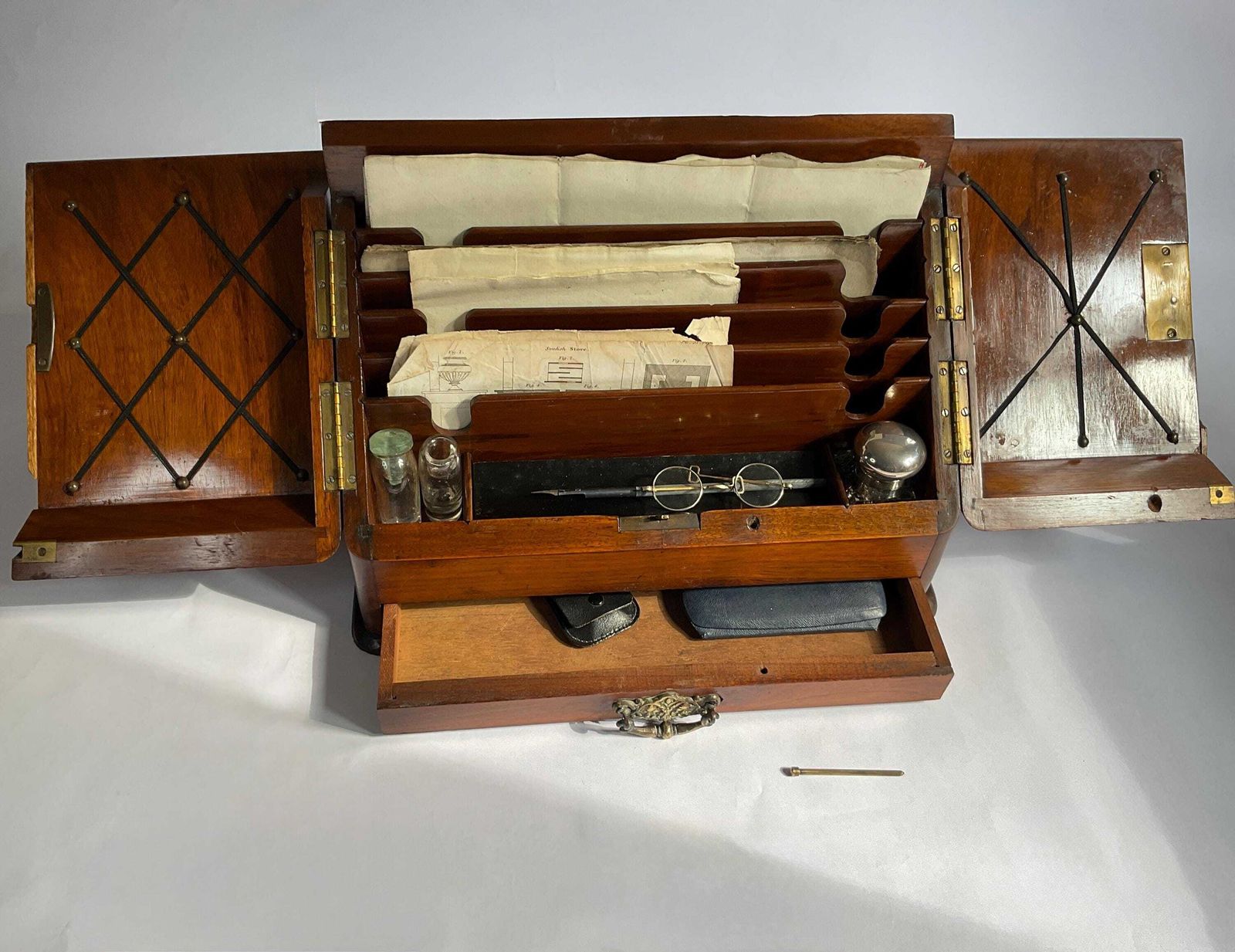 Victorian Gentleman's Time Capsule Stationery Box Complete With Silver And Cut Glass Inkwell And Many Other Accessories. photo 395.0