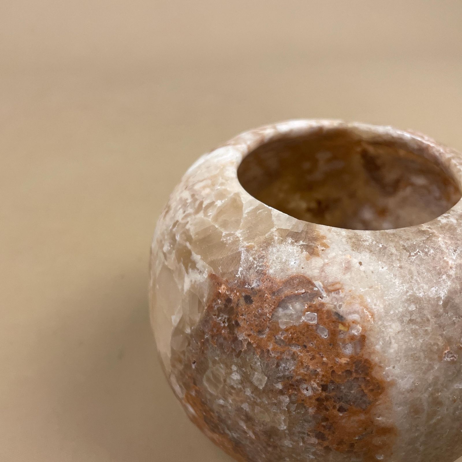 Stone Candle Holder Natural Beige Round Tea Light Holder Ball Table Mantle Display Cream Decorative Polished Rock photo 61.0