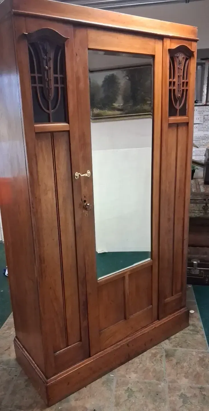 photo furniture Antique Art Nouveau Satinwood Mirrored Wardrobe With Panels & Glass Windows