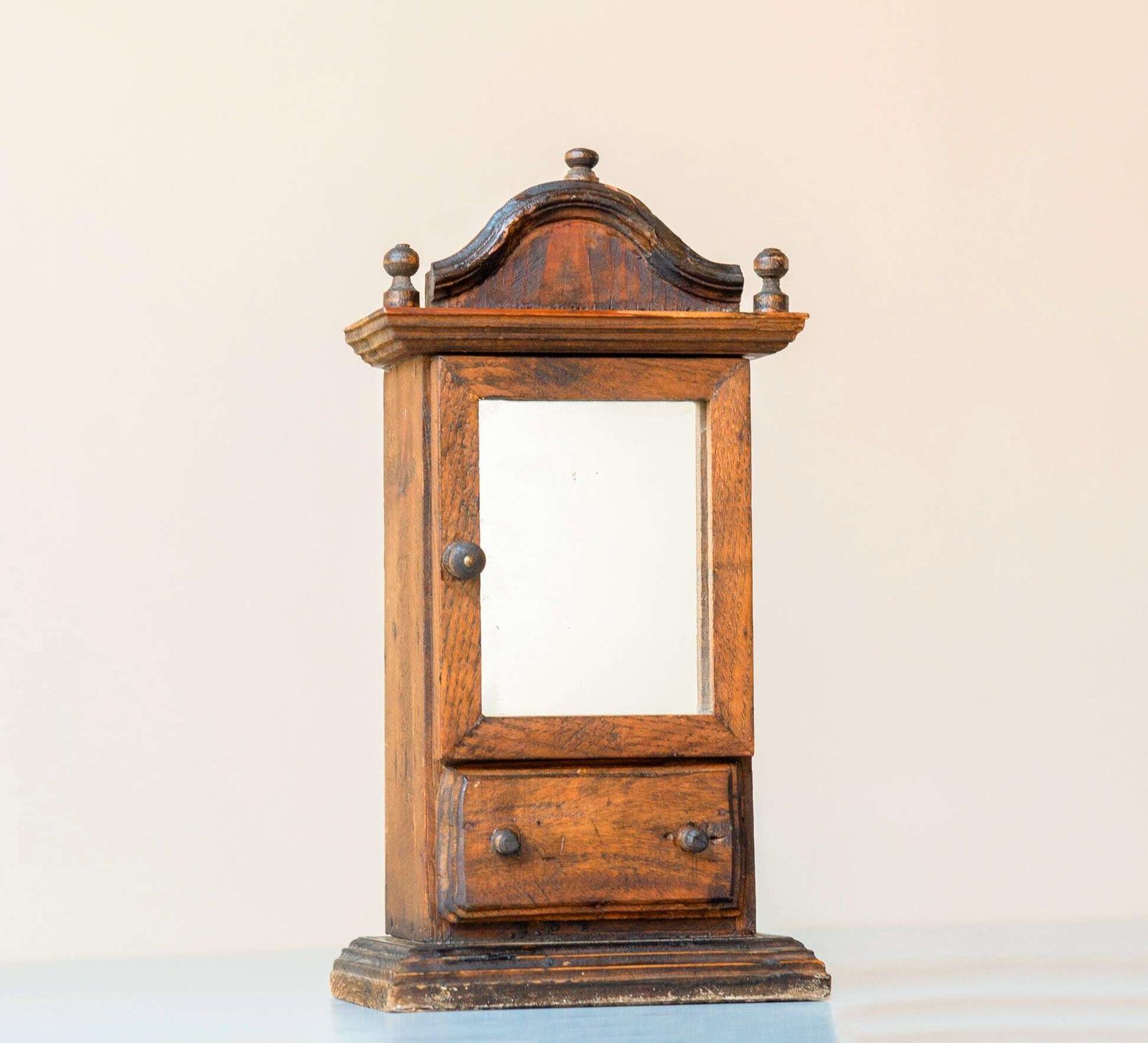Antique Miniature Mirror Cabinet – Folk Art Wooden Wall Cupboard With Drawer, 19th Century