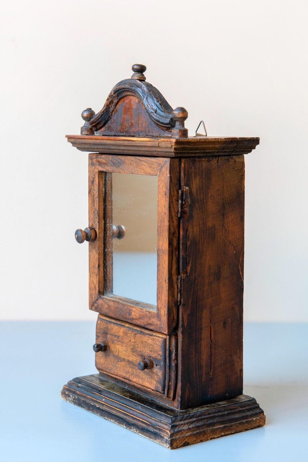 Antique Miniature Mirror Cabinet – Folk Art Wooden Wall Cupboard With Drawer, 19th Century photo 233.0