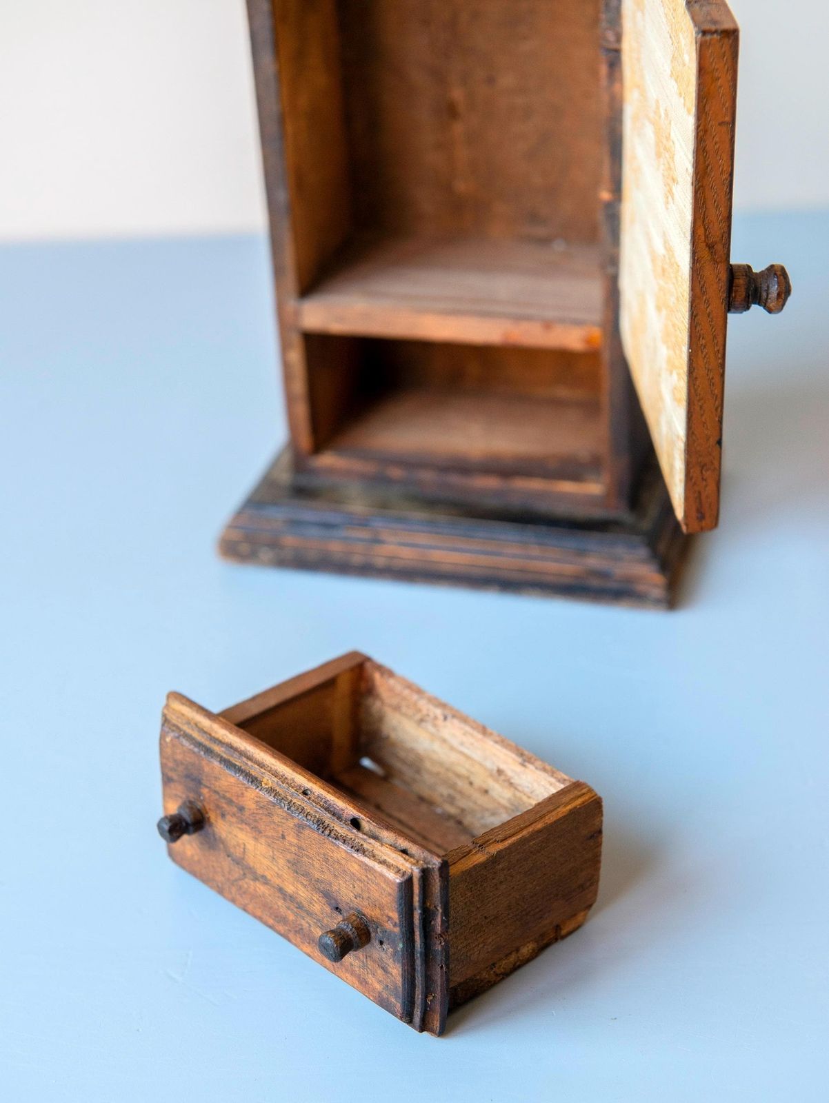 Antique Miniature Mirror Cabinet – Folk Art Wooden Wall Cupboard With Drawer, 19th Century photo vintage