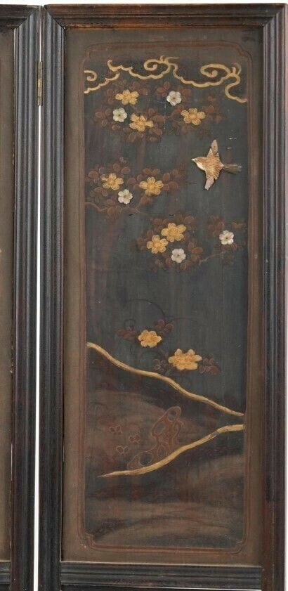 Superb Japanese Hardwood And Lacquered Three Fold Screen With Bone Inlay photo Home Decor