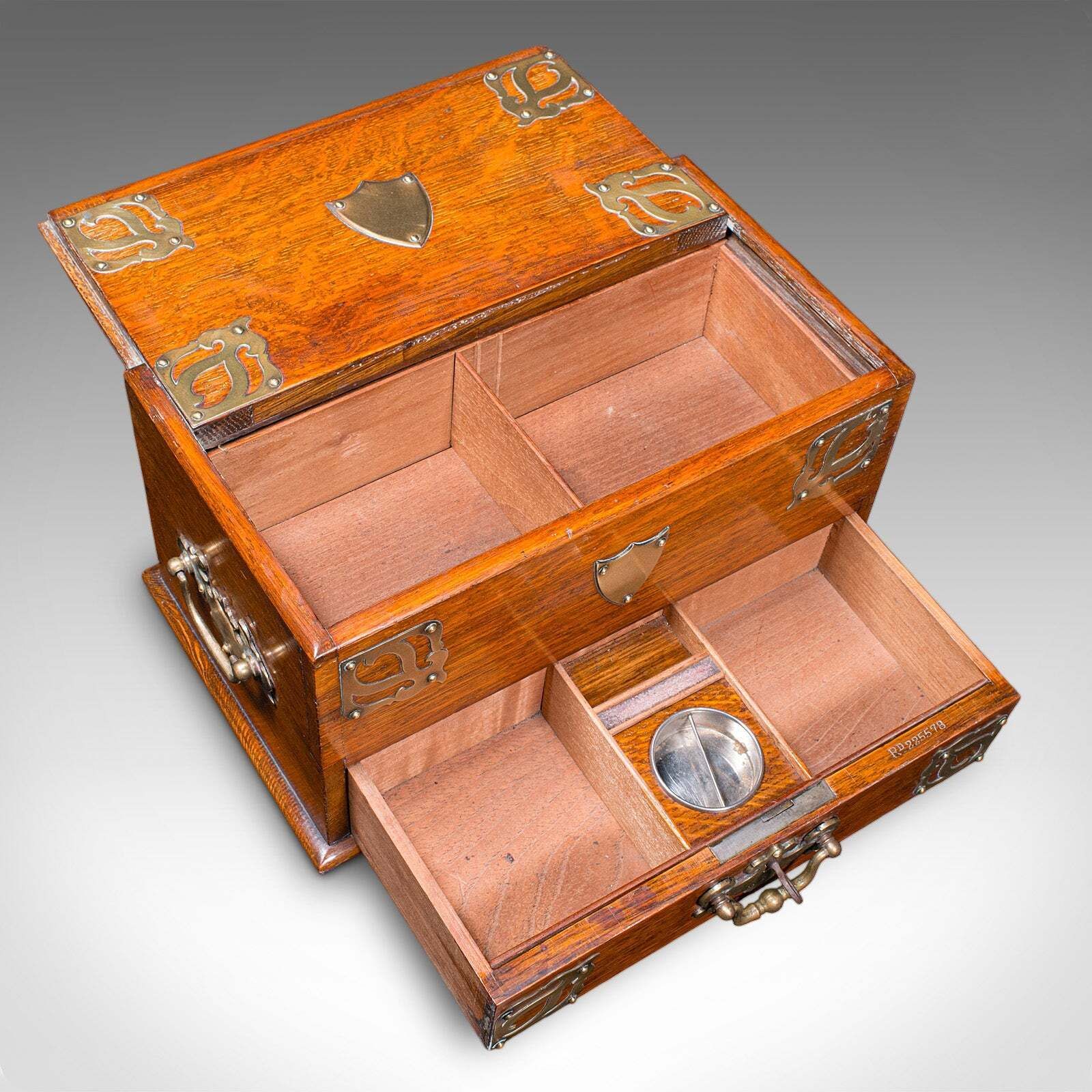Antique Smoker's Box, English, Oak, Brass, Cigar Case, Club Lounge, Edwardian photo vintage