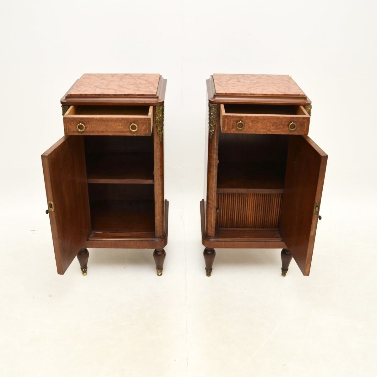 Pair Of Antique French Inlaid Walnut Marble Top Bedside Cabinets photo vintage