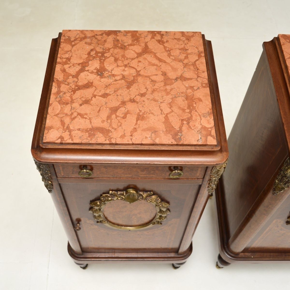 Furniture Pair Of Antique French Inlaid Walnut Marble Top Bedside Cabinets photo