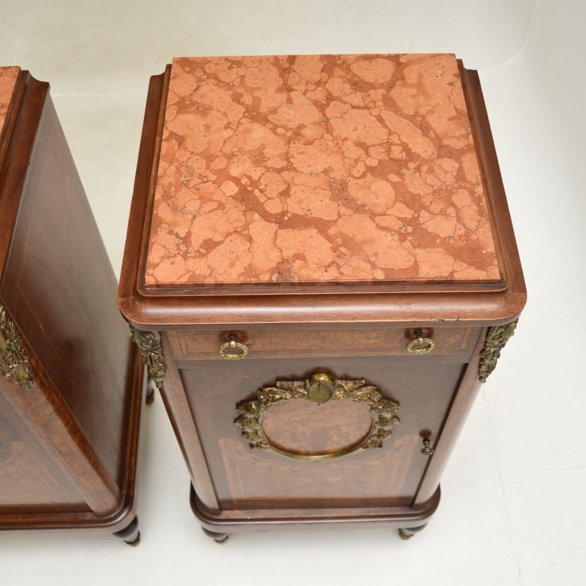 2405.0 Pair Of Antique French Inlaid Walnut Marble Top Bedside Cabinets photo