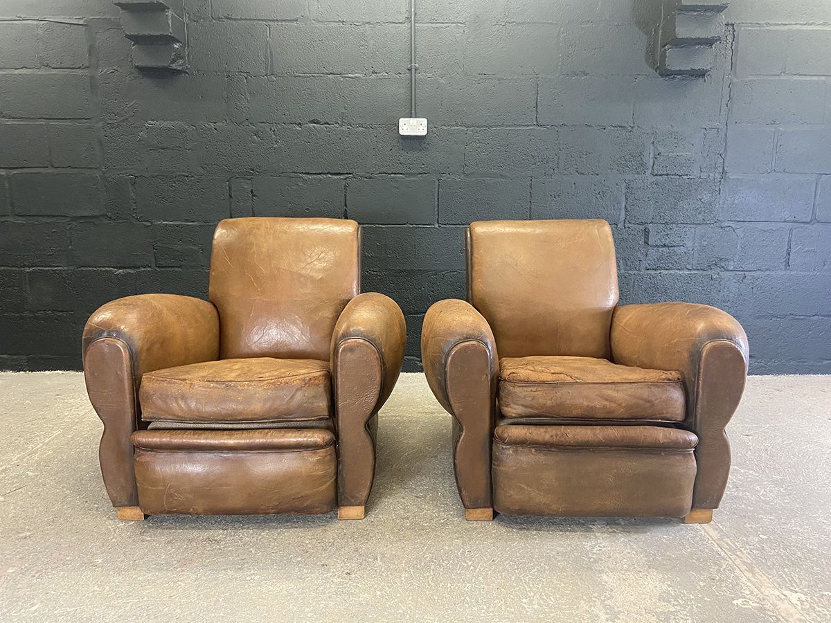 Pair Of Original French Vintage Leather Club Chairs photo vinterior