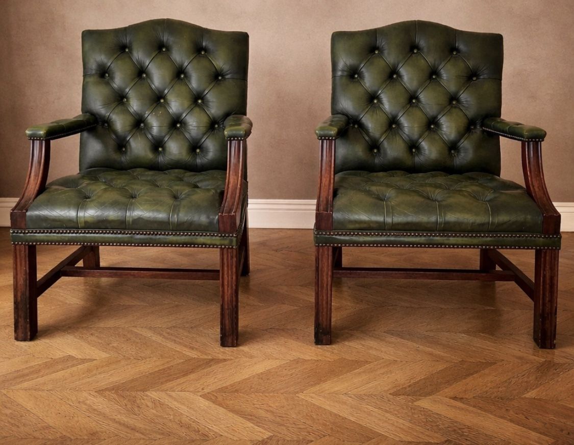Pair Of Dark Green Leather Chesterfield Style Button Back Library Armchairs | Millbrook 20th Century photo furniture