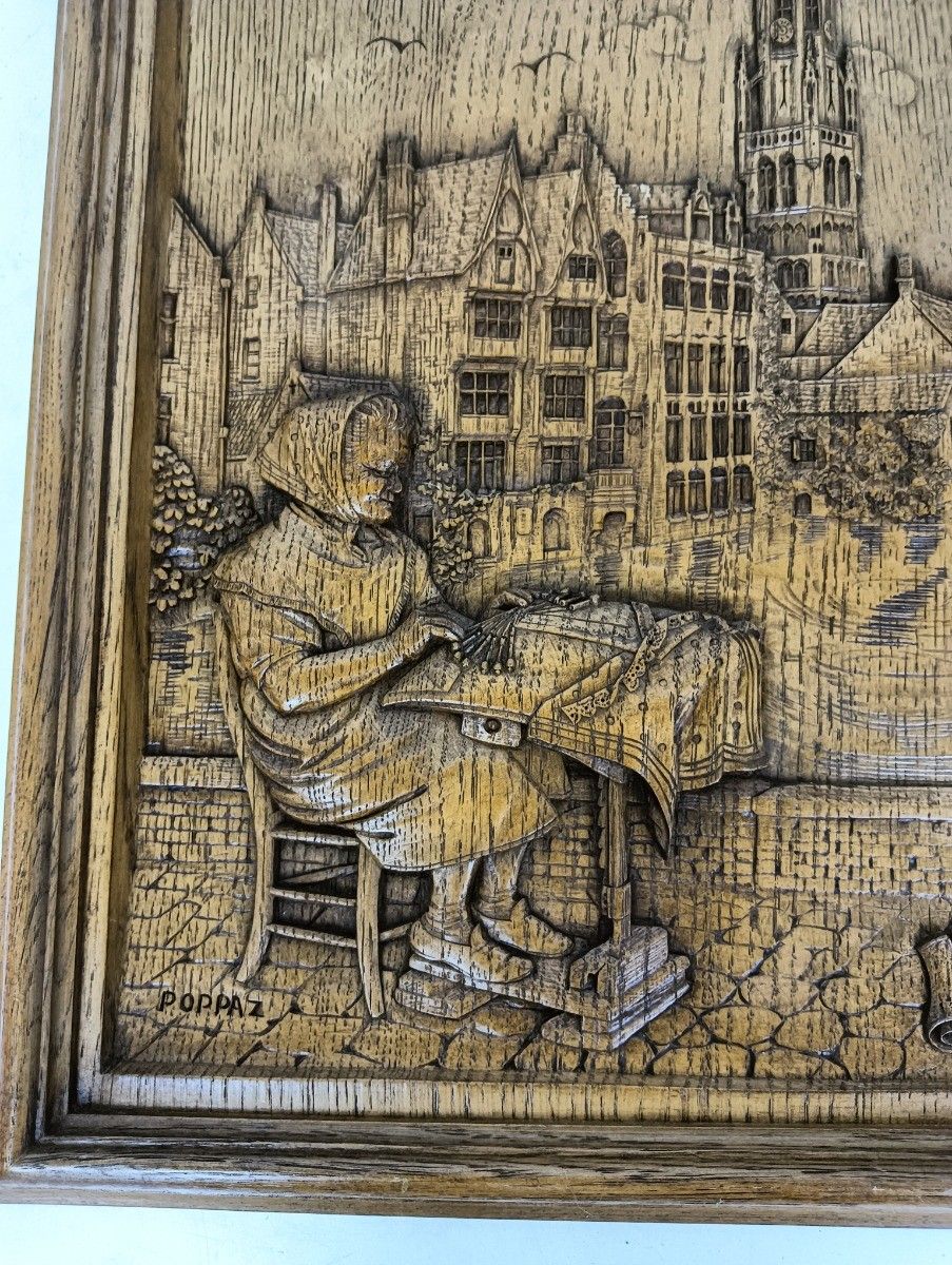 Vintage Wall Plaque Wood Resin Souvenir Bruges Lace Worker Bobbin Lace Signed photo vinterior