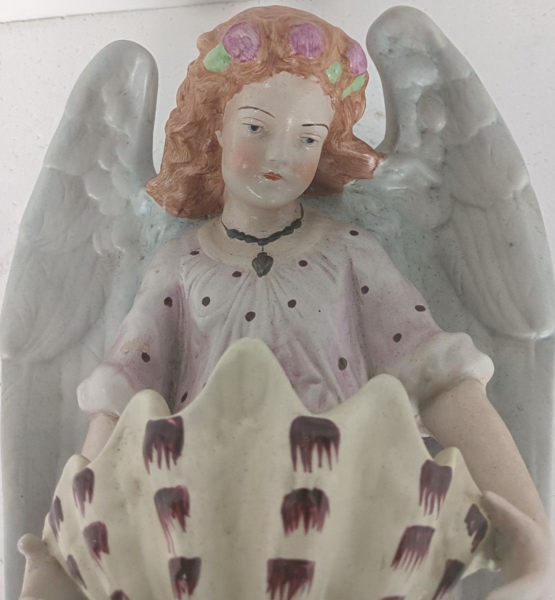 Huge Vintage Holy Water Font Vessel Angel Polychrome Hand Painted Gorgeous Wall photo for sale