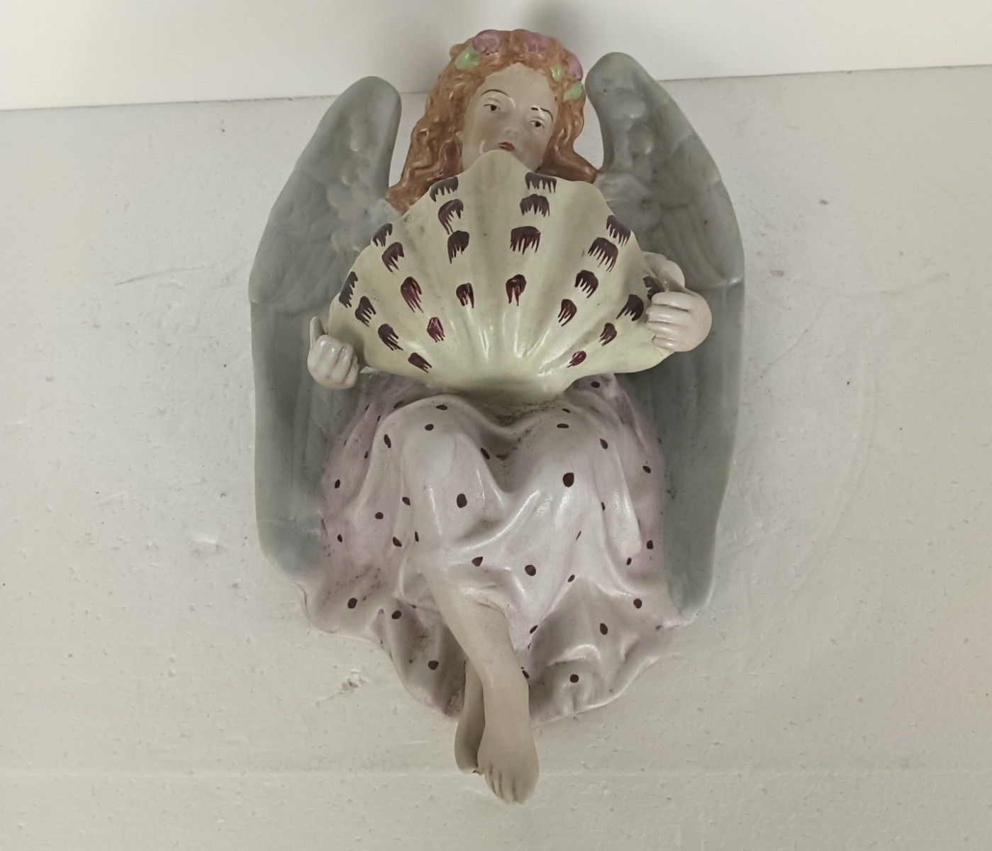 Huge Vintage Holy Water Font Vessel Angel Polychrome Hand Painted Gorgeous Wall photo vinterior