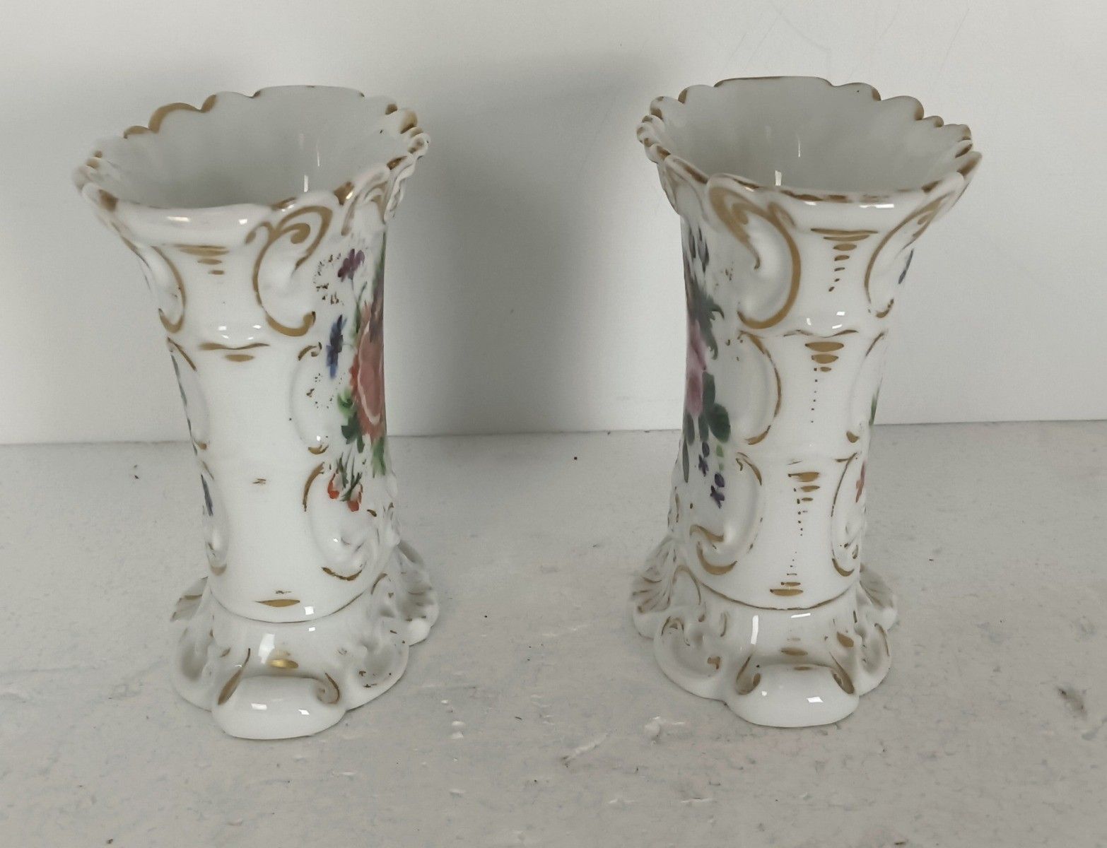 Couple Antique Fan Flair Vases Porcelain Vieux Paris Flower Pattern photo Home Decor