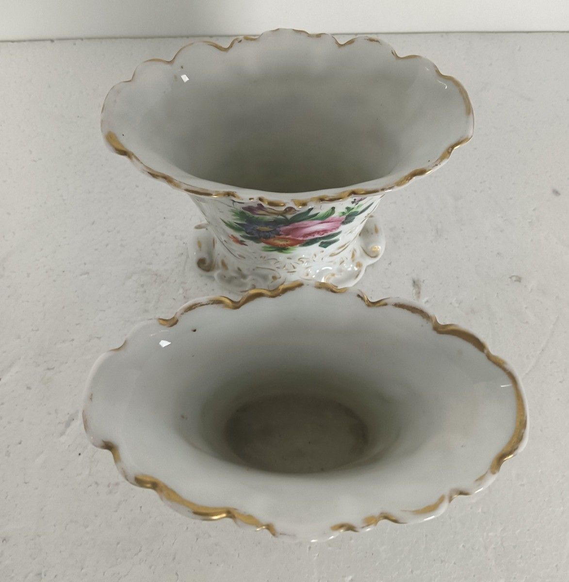 Couple Antique Fan Flair Vases Porcelain Vieux Paris Flower Pattern photo 134.0