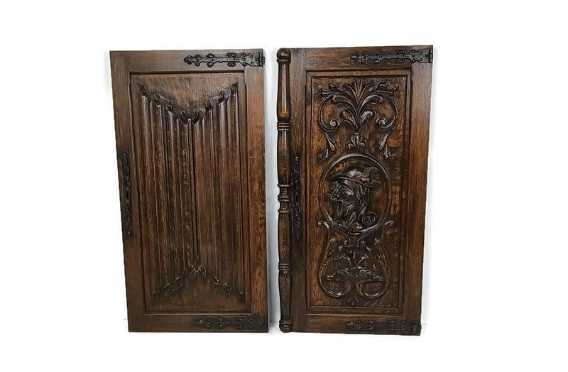 Pair Antique Carved Wood Door Panels Iron Trims Architectural Salvaged Reclaim
