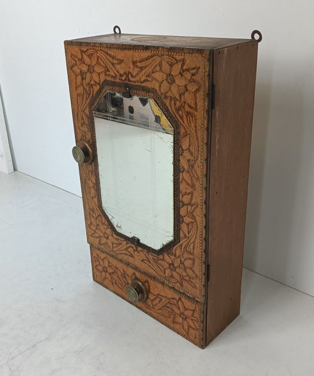 Small Art Deco Antique Medicine Apothecary Cabinet Etched Flowers In Wood Lovely photo for sale