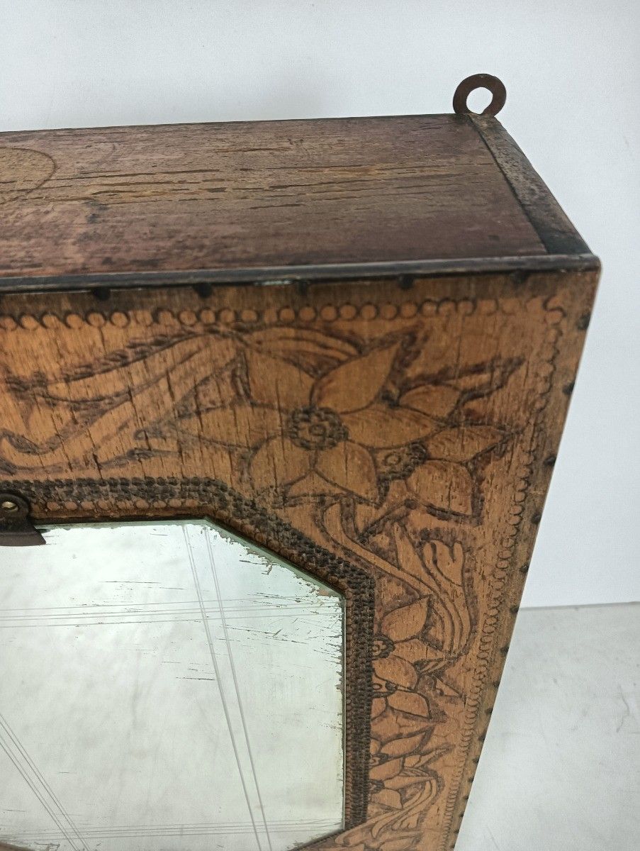 Small Art Deco Antique Medicine Apothecary Cabinet Etched Flowers In Wood Lovely photo Furniture