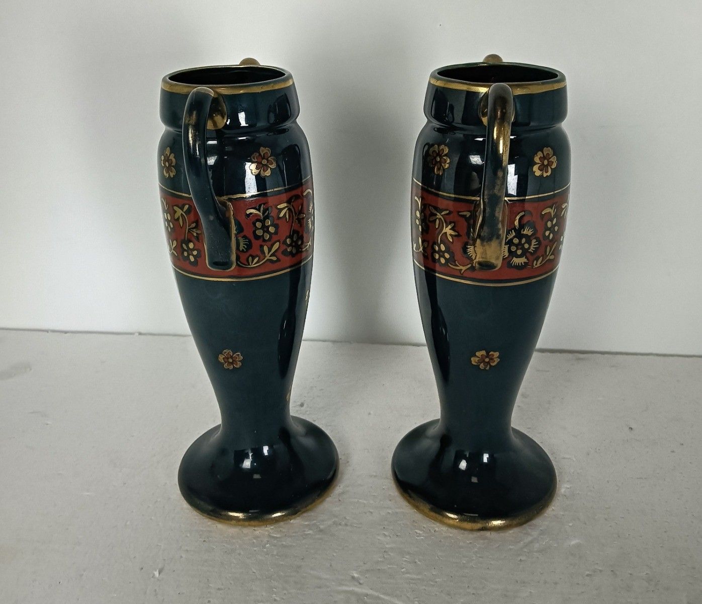 Couple Of Vintage Glazed Blue Vases Urns With Handles Hand Painted Lovely photo furniture