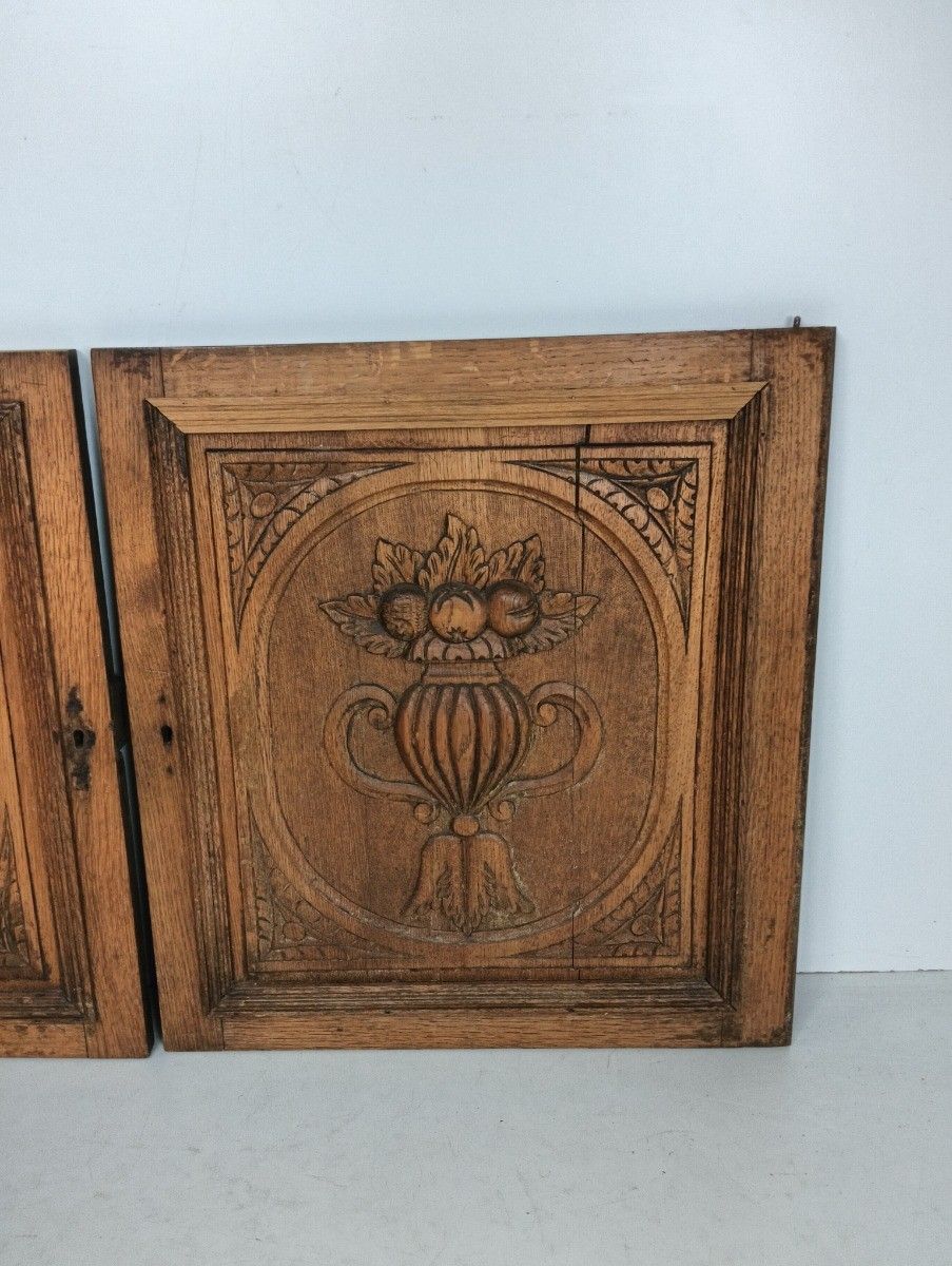 Pair Antique Hand Carved Wood Door Panels Fruit Baskets Reclaimed Architectural photo furniture
