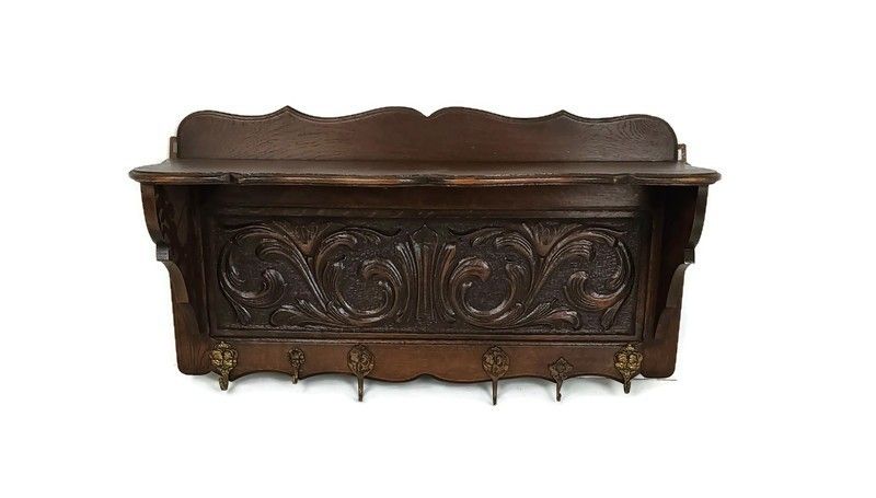 Large Coat Hat Rack Vintage Wall Hanging Carved Ornate Dark Wood