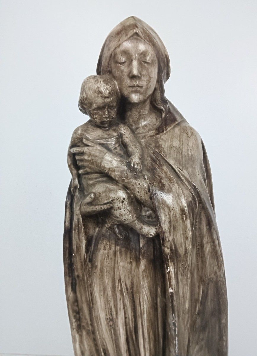 Large Statue Plaster Antique Art Deco Virgin Mary Madonna With Infant photo for sale