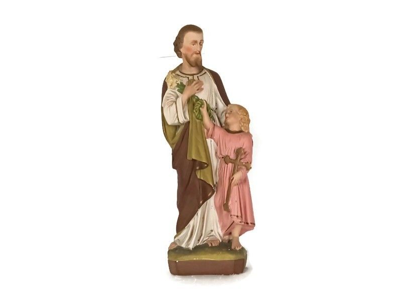 Statue Saint Joseph Protector Of Homes Infant Jesus Neo Gothic Antique Polychr