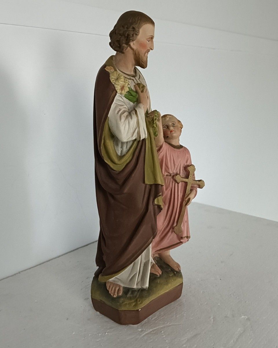 Statue Saint Joseph Protector Of Homes Infant Jesus Neo Gothic Antique Polychr photo 179.0