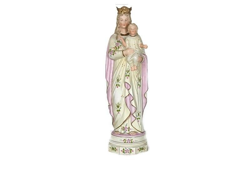 Antique Porcelain Bisque Statue Virgin Mary Our Lady Madonna With Infant Yellow
