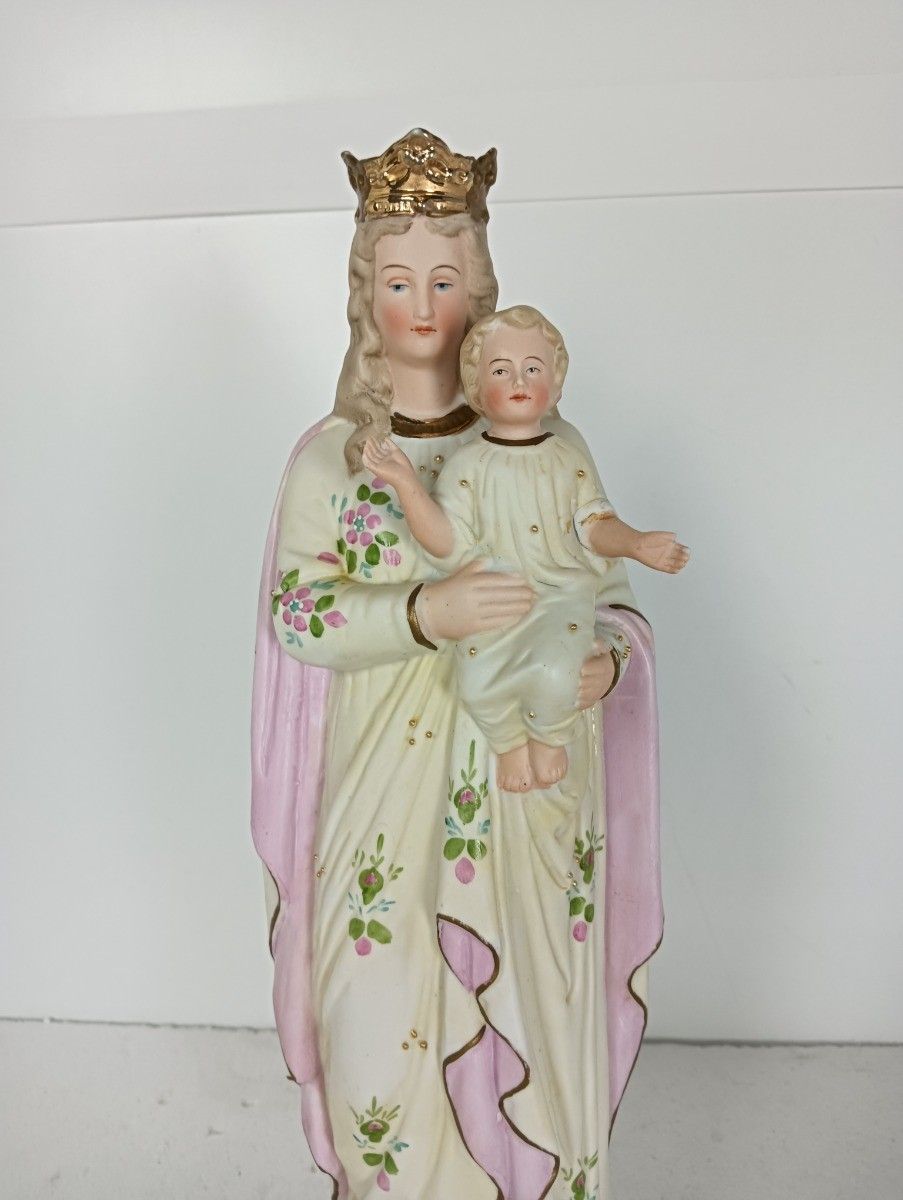 Antique Porcelain Bisque Statue Virgin Mary Our Lady Madonna With Infant Yellow photo furniture