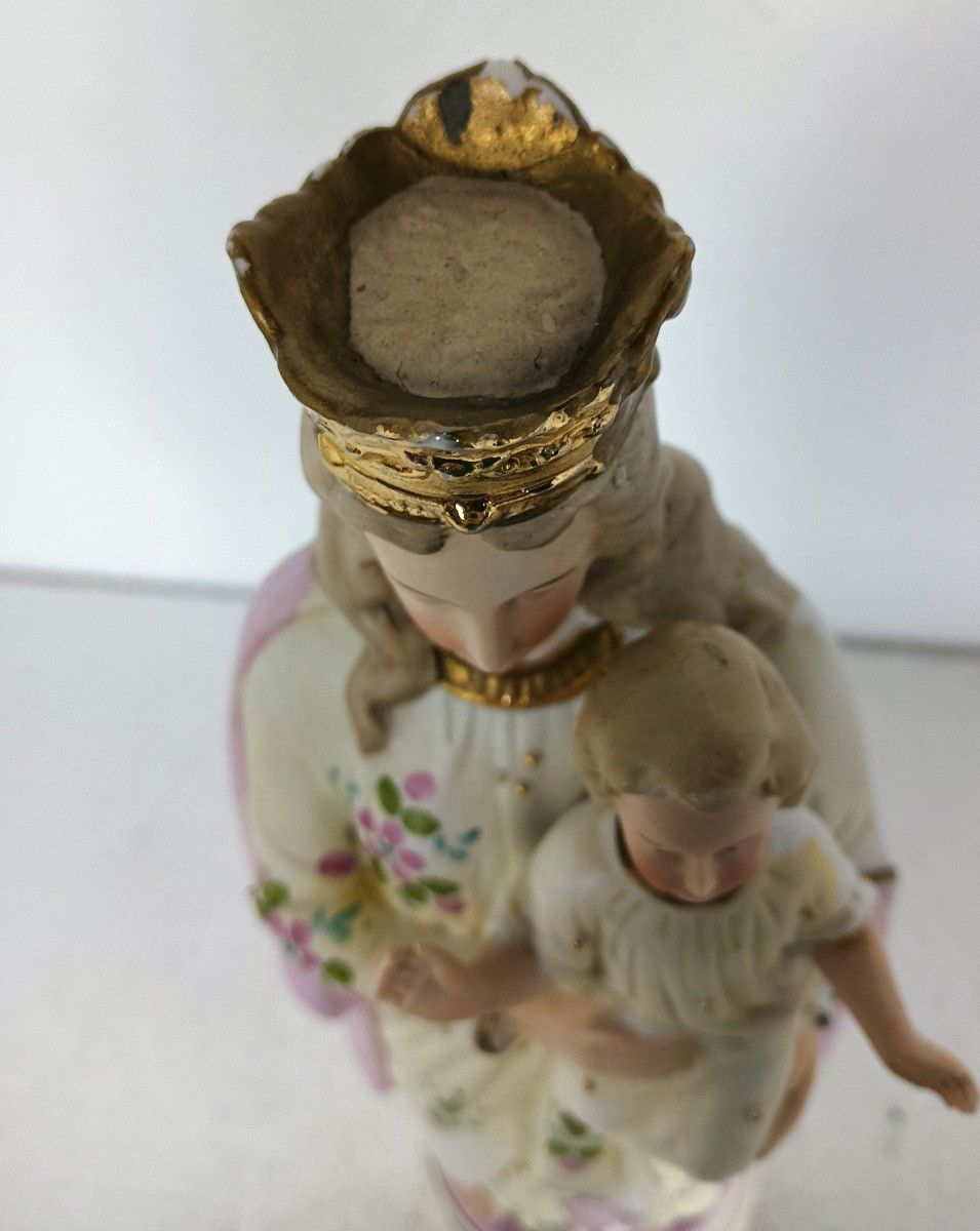 Antique Porcelain Bisque Statue Virgin Mary Our Lady Madonna With Infant Yellow photo Art