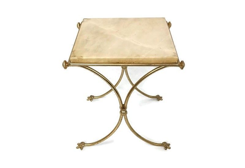 Small Brass Marble Pedestal Plant Stand Side End Table Hollywood Regency Vinta