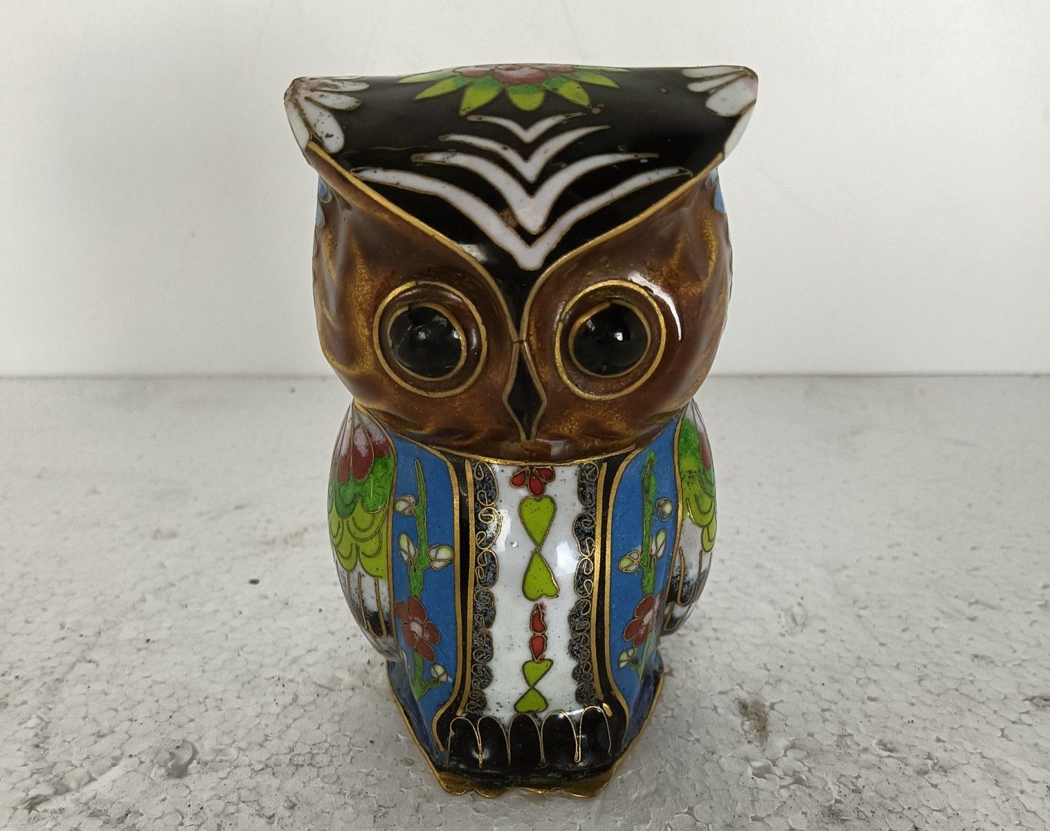 Vintage Small Figurine Chinese Cloisonne Owl Bird On Wooden Base photo for sale