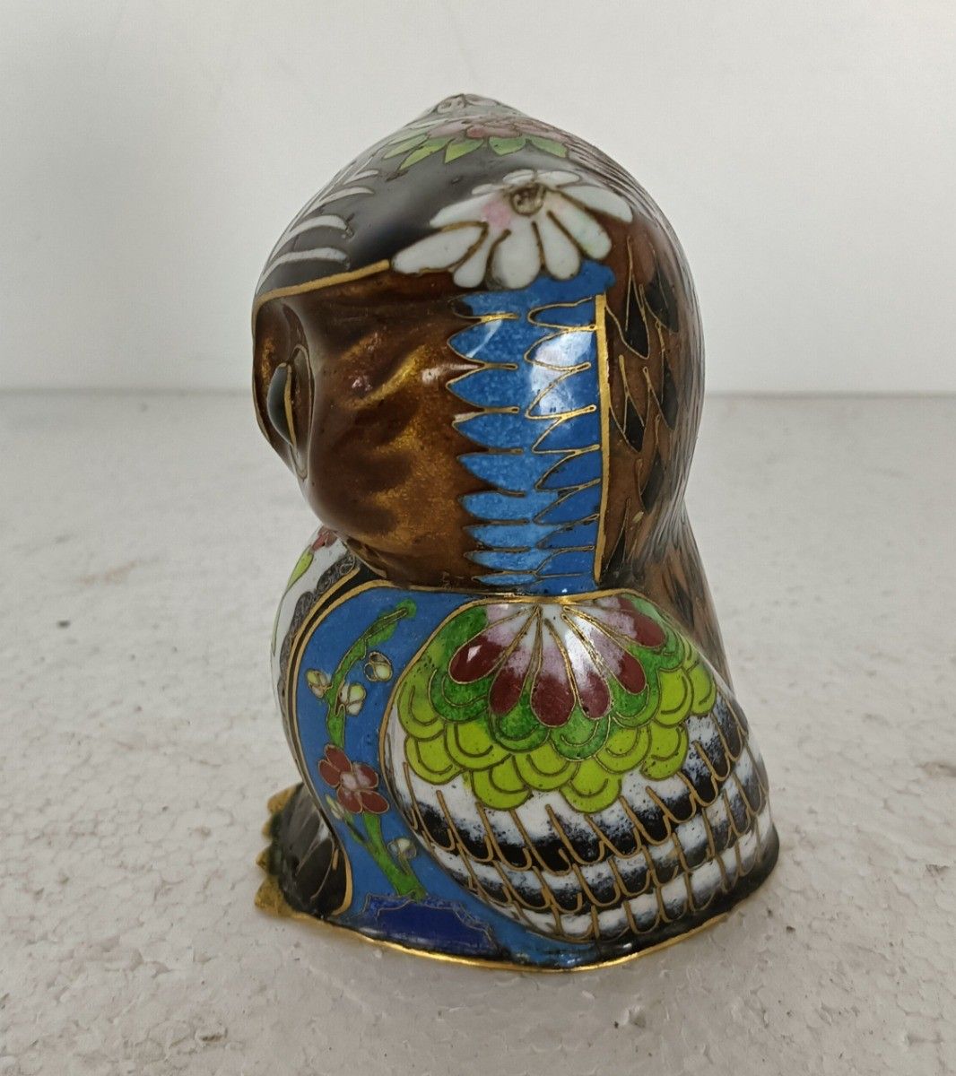 Vintage Small Figurine Chinese Cloisonne Owl Bird On Wooden Base photo 54.0