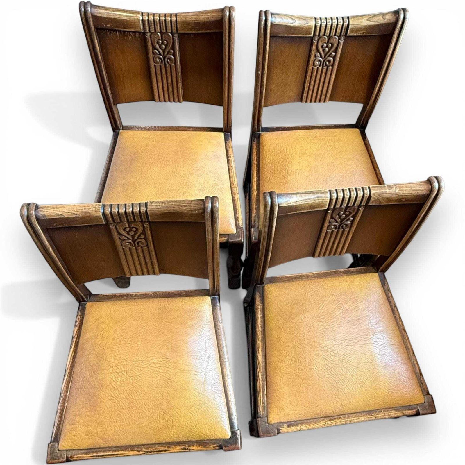 Set Of 4 Antique Art Deco Oak Dining Chairs With Upholstered Seats photo for sale