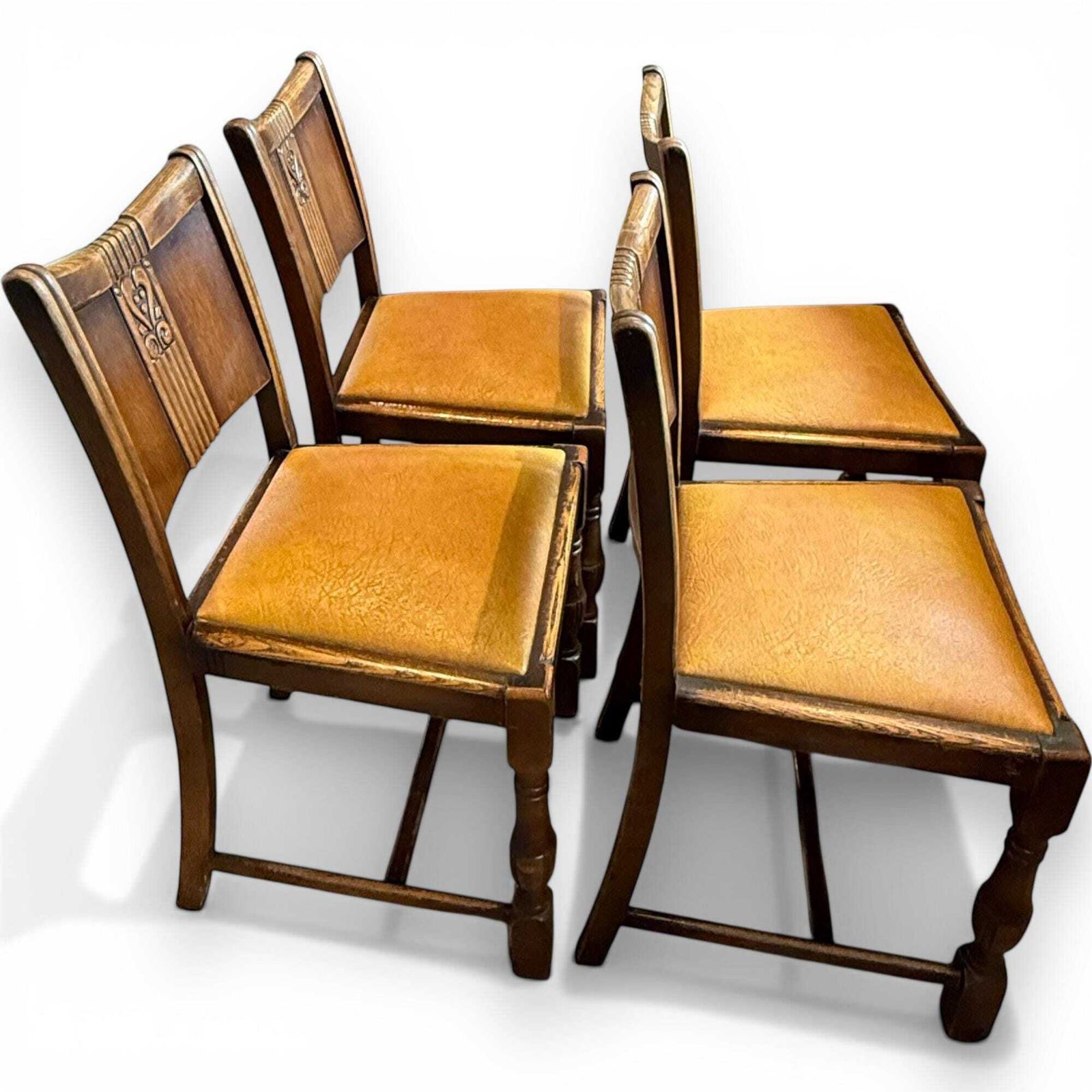 Set Of 4 Antique Art Deco Oak Dining Chairs With Upholstered Seats photo Furniture