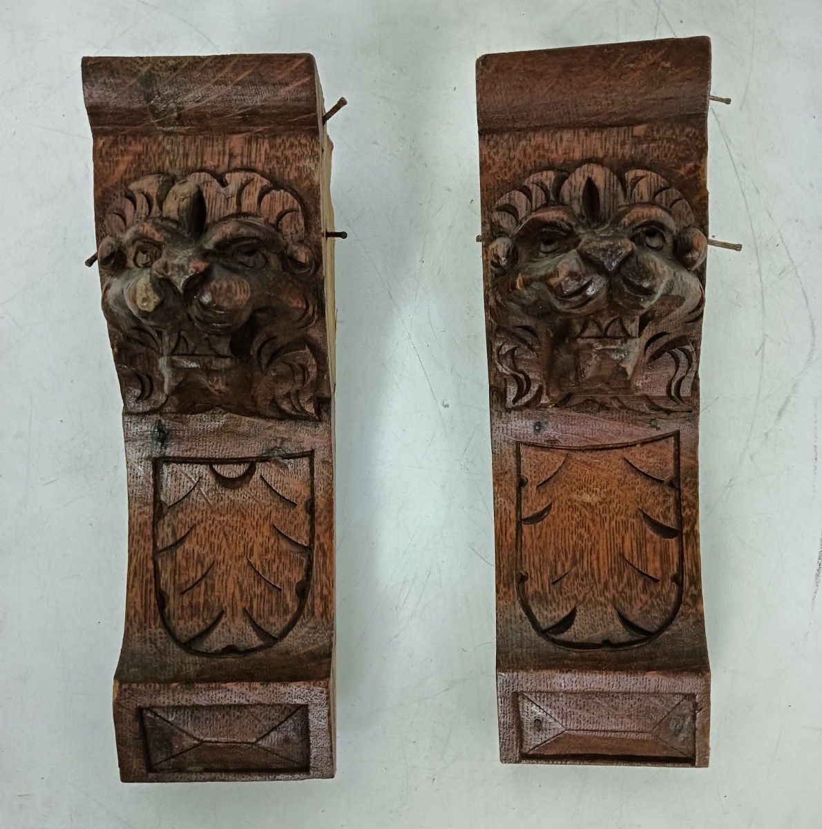 Large Antique Couple Corbels Hand Carved Wood Architectural Reclaimed Lion Heads photo buy