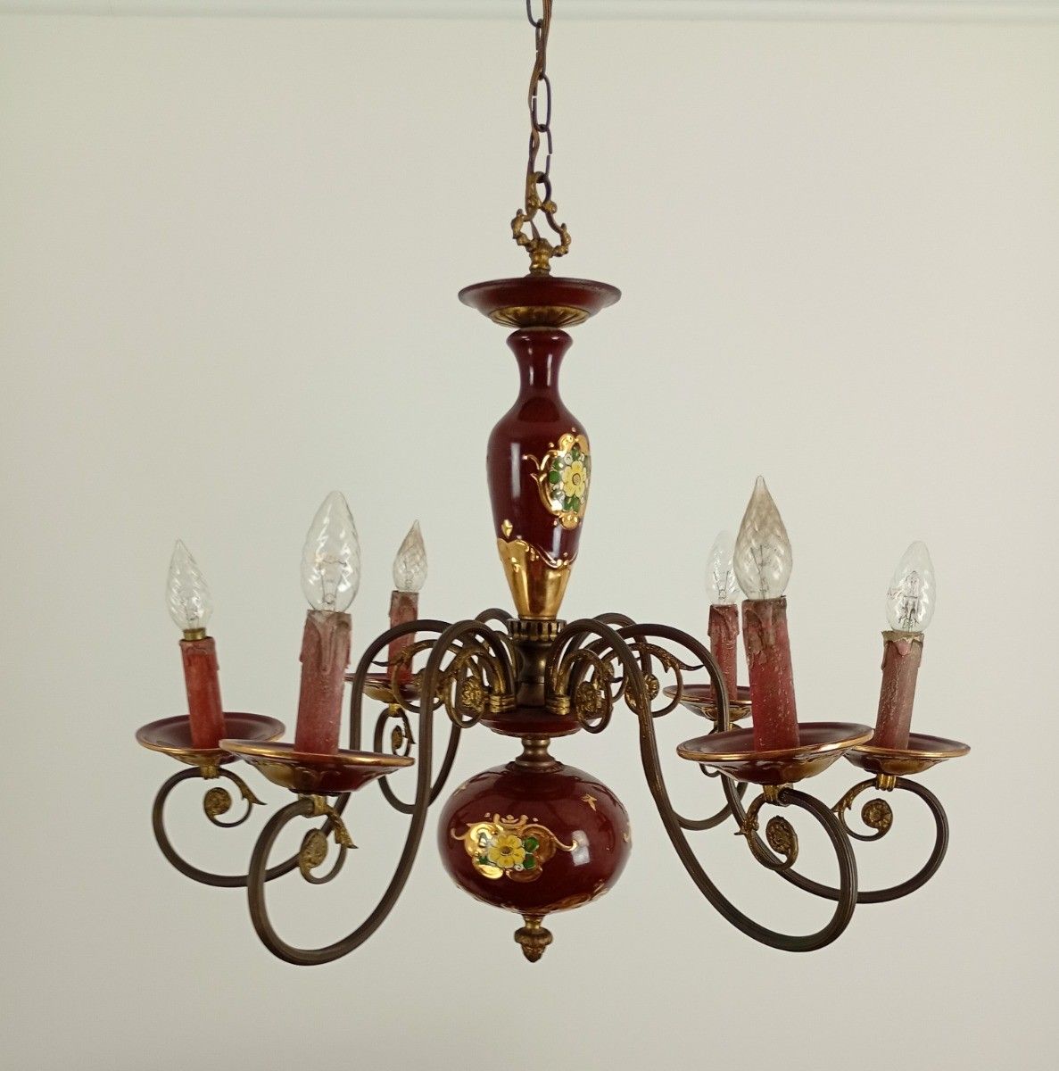 Chandelier 6 Arms Lights Porcelain Tole Bordeaux Gold  Italian Vintage Beautif photo furniture