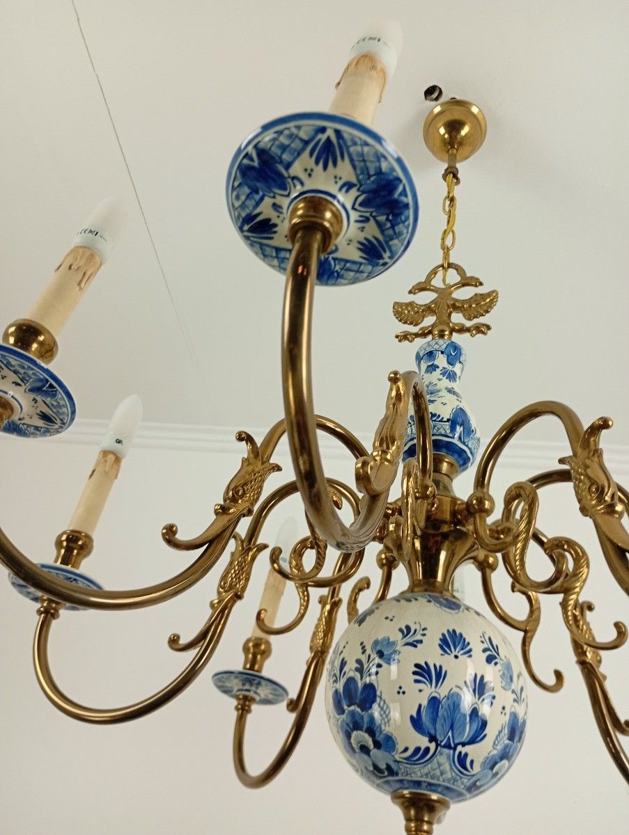 L Dutch Delft Blue White Chandelier Porcelain Ornate Brass 8 Lights Arms Vintage photo 1073.0