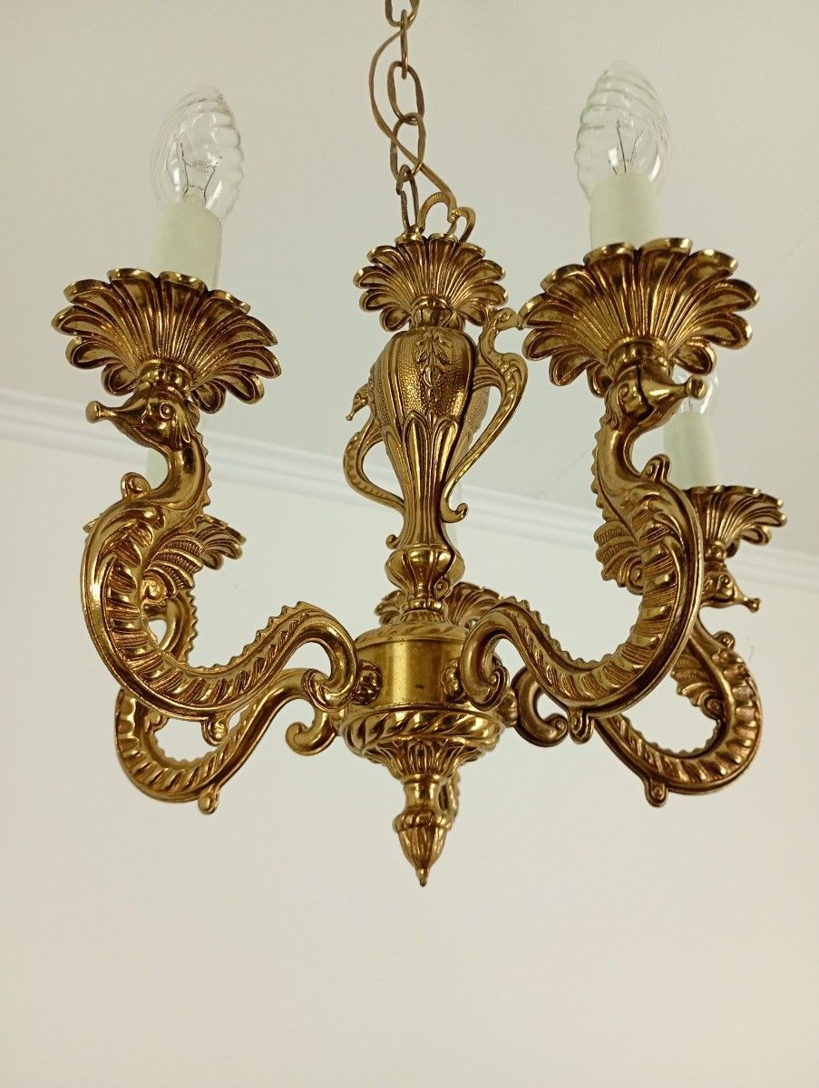 Vintage Ornate Chandelier Brass Seahorses 5 Arm Lights Small Ceiling Fixture photo vinterior