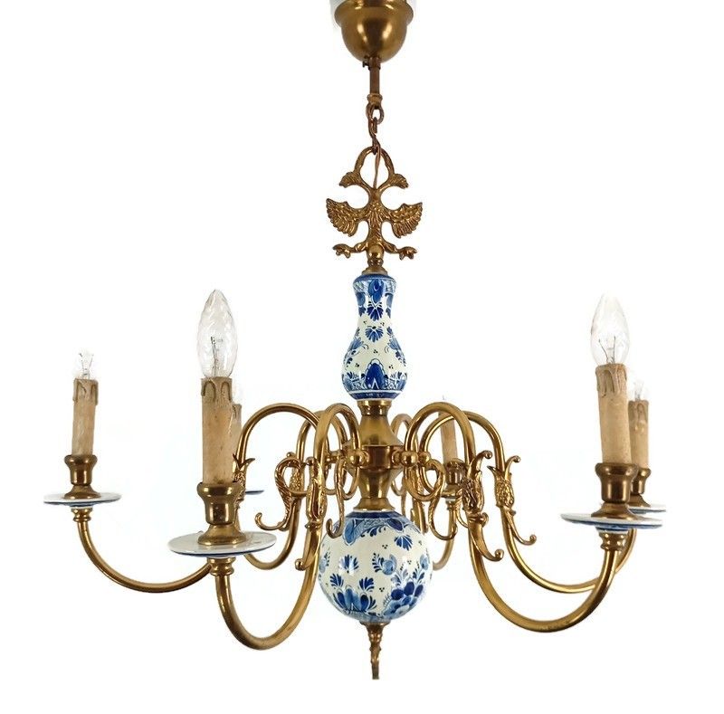 6 Arm Lights Delft Blue White Chandelier Eagles Fish Hand Painted Brass Ornate F