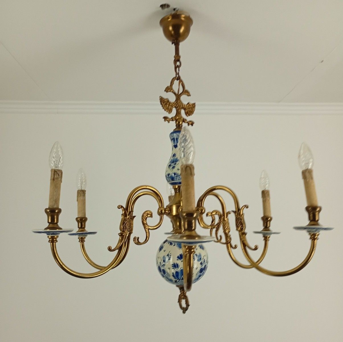 6 Arm Lights Delft Blue White Chandelier Eagles Fish Hand Painted Brass Ornate F photo furniture