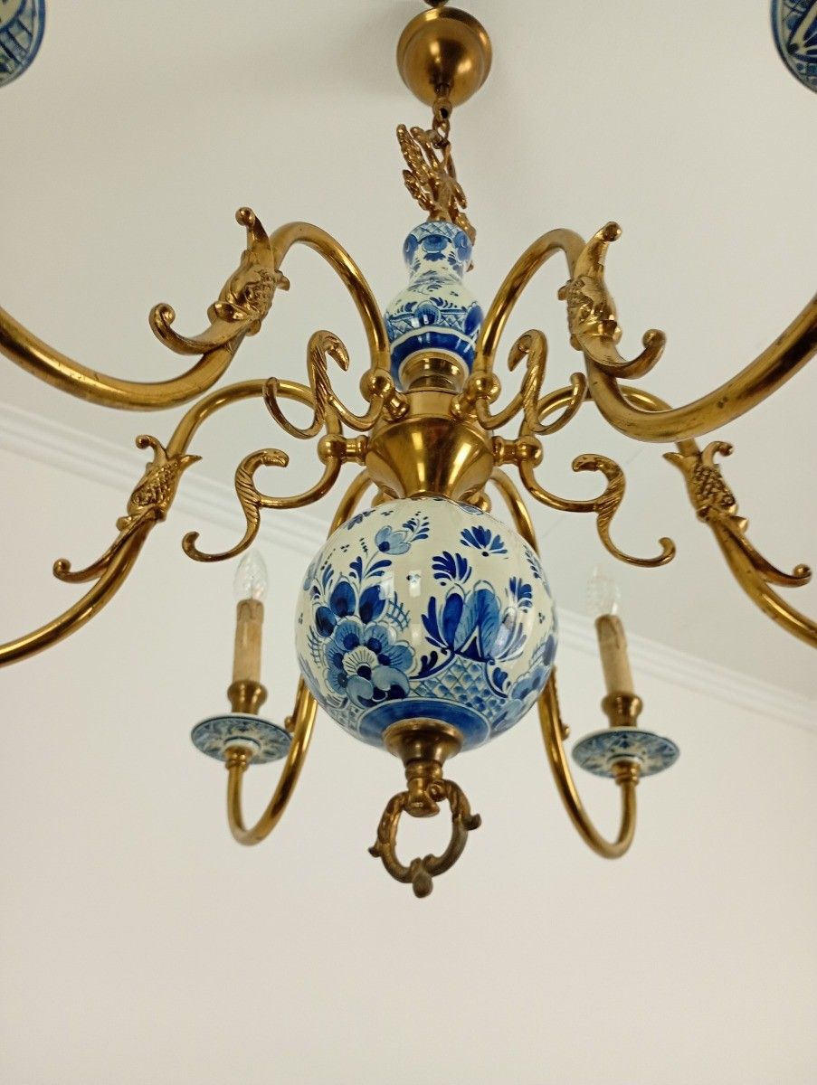 6 Arm Lights Delft Blue White Chandelier Eagles Fish Hand Painted Brass Ornate F photo for sale