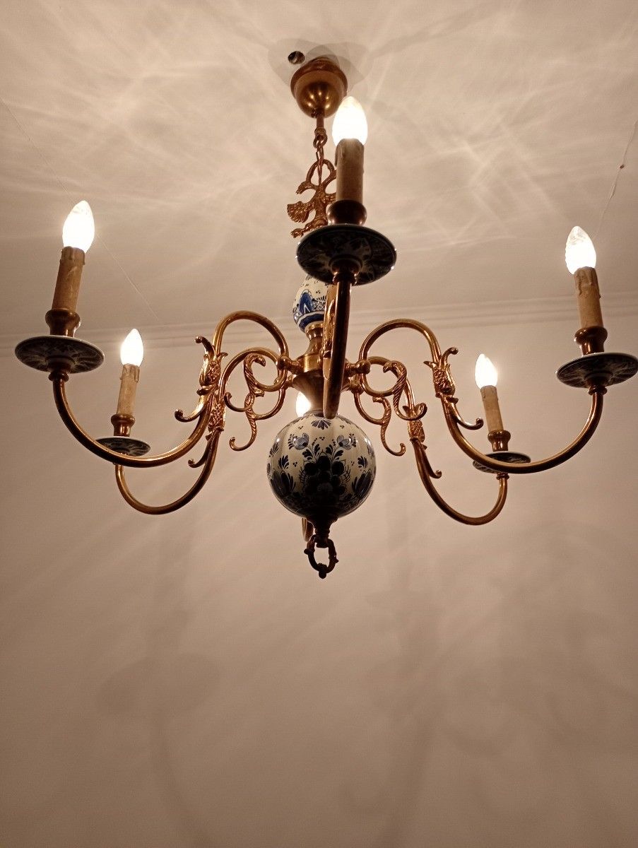 Lighting 6 Arm Lights Delft Blue White Chandelier Eagles Fish Hand Painted Brass Ornate F photo