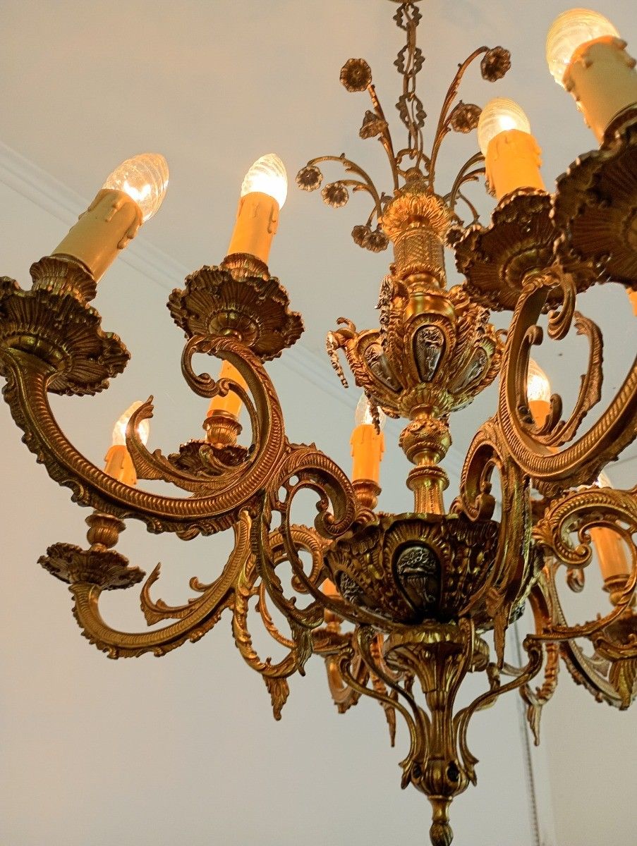 Gorgeous Spanish Revival Brass Chandelier Putti Bell Flowers 12 Arm Lights Vinta photo 760.0